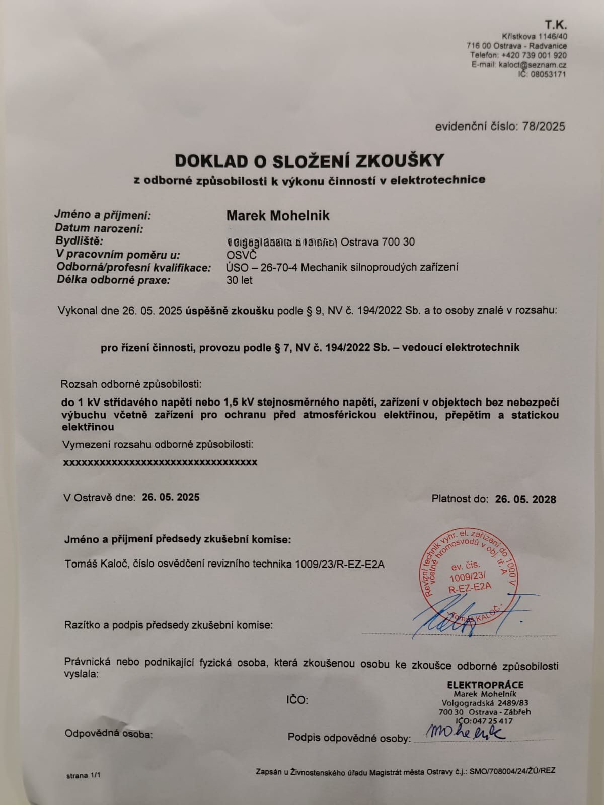 Elektro osvědčení Ostrava